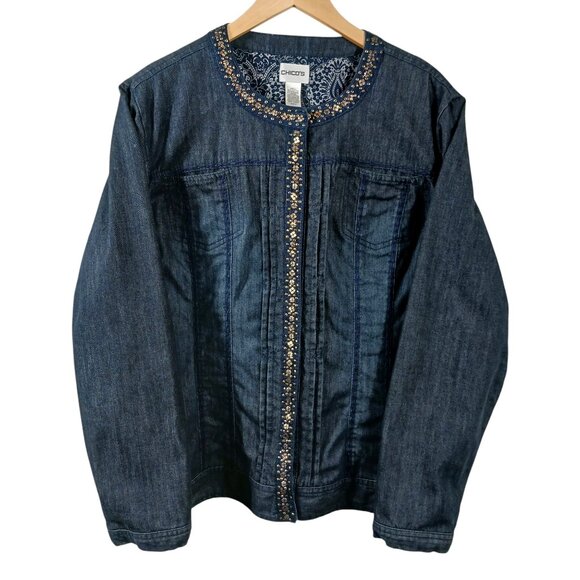Chico's Jackets & Blazers - Chico's Size 3, Denim Jacket, Dark Blue, Embellished, Beautifully Lined, 3 = XL